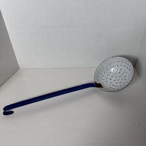 Vintage Cobalt Blue White Enamelware Ladle Spoon Dipper Colander 17” Hook Handle